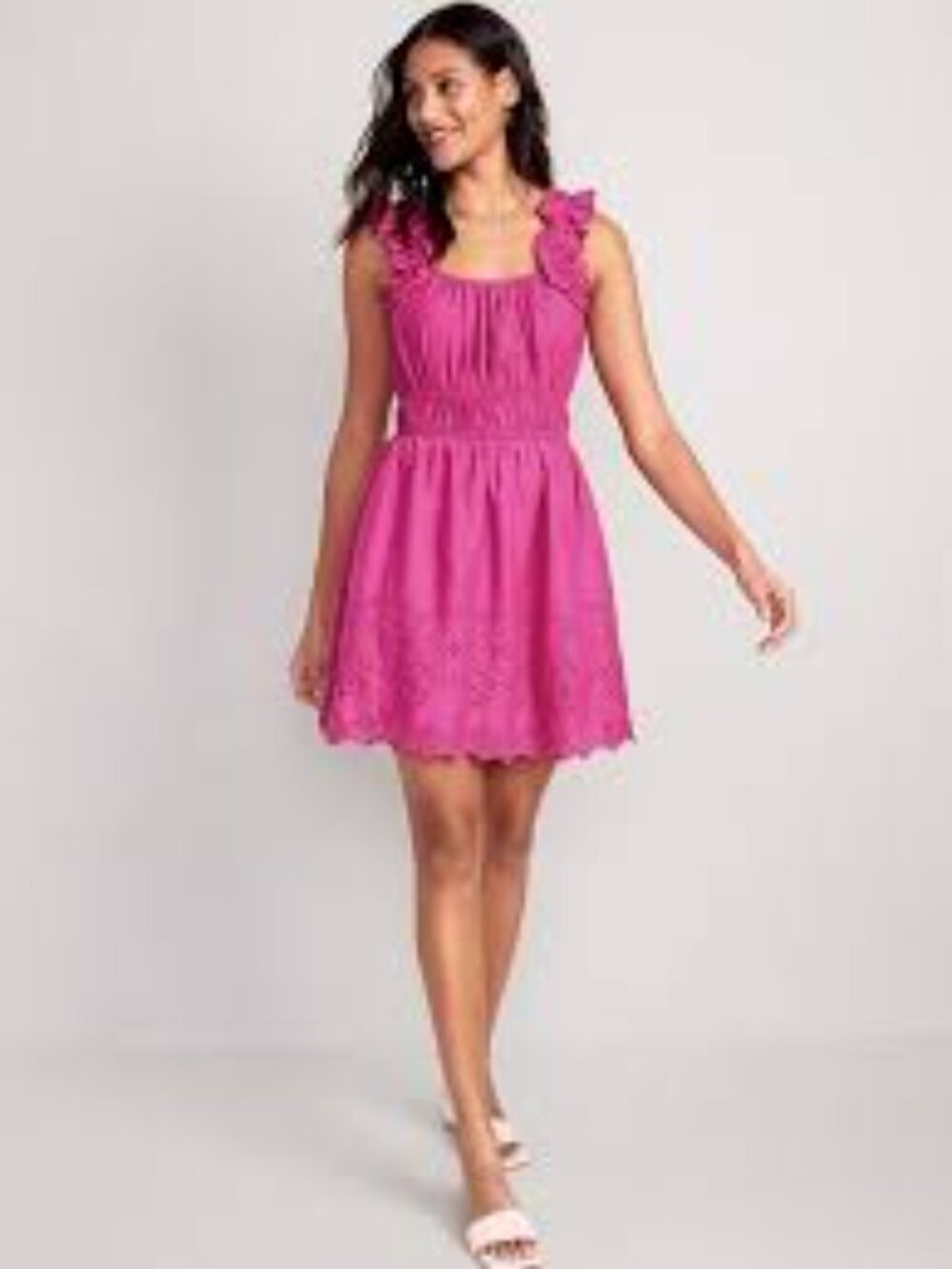Old Navy Waist-Defined Ruffle Mini Dress in the color "Dragon Fruit"